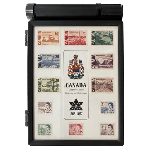 Coffret et humecteur de timbres centenaire Canada 1967 timbres du monde