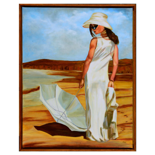 Promenade sur la plage Sthab artiste peintre femme solitaire ete parapluie sable