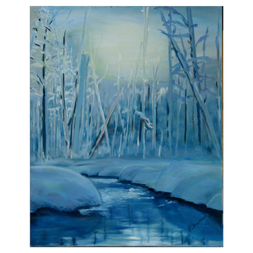 Percee lumineuse Huguette Beaumont artiste peintre duotone bleu riviere neige arbre hiver
