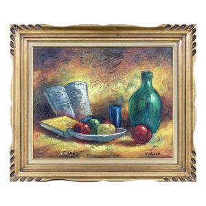 Le gouter W. V. Brakel artiste peintre americain table assiette fruit bouteille verre livre