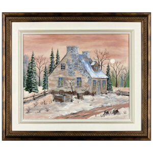 Maison rustique hiver C Fortin peintre neige cloture lucarne arbre pierre paysage rural chemin sapin