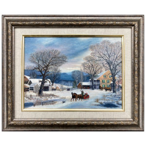 Voyage en hiver A. Dussault artiste peintre quebecois depart traineau cheval neige paysage rural arbres