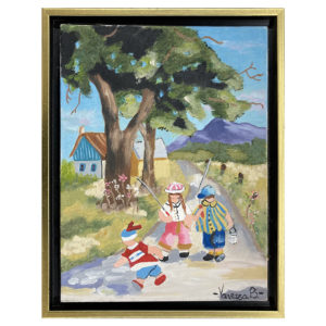 Allons a la peche par Vanessa B. artiste peintre quebecoise gamins route rurale maison arbre montagne