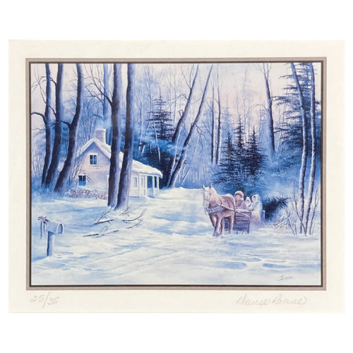 Randonnee en traineau Paysage hiver par Denise Racine artiste peintre quebecoise maison paysage hivernal cheval