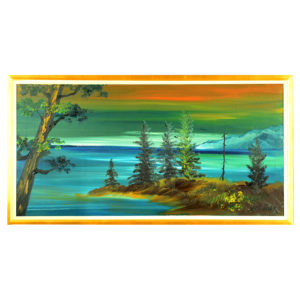 Vue sur le lac Michel Cloutier artiste peintre quebecois Sherbrooke arbre presqu'il montagne aurore