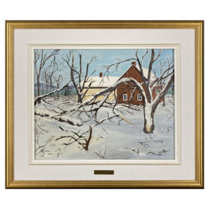 Ferme en hiver Lyne Royer artiste peintre quebecoise hiver neige arbre maison grange Paysagecampagne