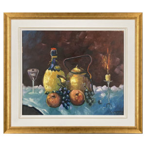 apero W. Klapschinski artiste peintre fruit vin verre chandelle bouteille bouilloire