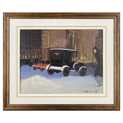 vieille ford Claude Gianolla auto antique ville femme hiver gratte ciel enseigne pieton neige