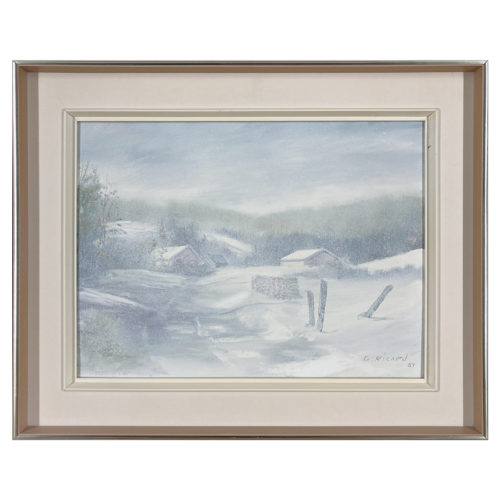 Paysage rural hiver Gaston Ricard artiste peintre Sherbrookois neige maison froid cloture montagne foret