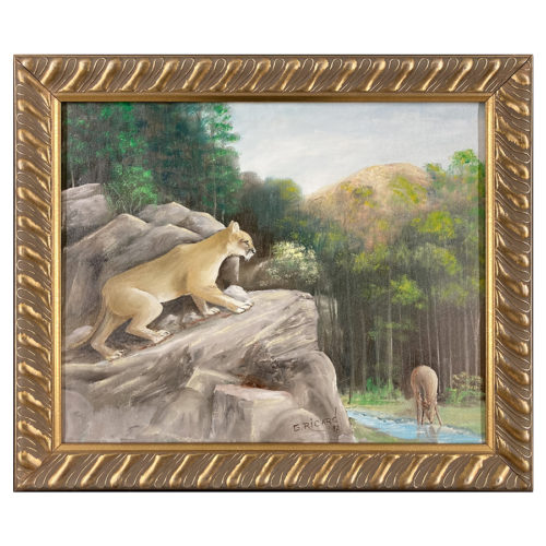 Felin au aguet Gaston Ricard artiste peintre Sherbrookois cougar chevreuil biche ruisseau foret arbre rocher