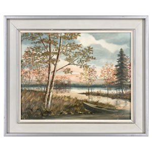 Chaloupe sur la riviere Gaston Ricard artiste peintre Sherbrookois eau paysage foret chaloupe montagne