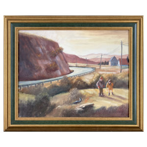Surprise par Gaston Ricard artiste peintre Sherbrookois paysage rural enfants moufette route montagne falaise