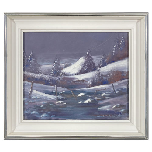 Le ruisseau en hiver Gaston Ricard artiste peintre Sherbrookois paysage neige rivière montagne solitude sapin