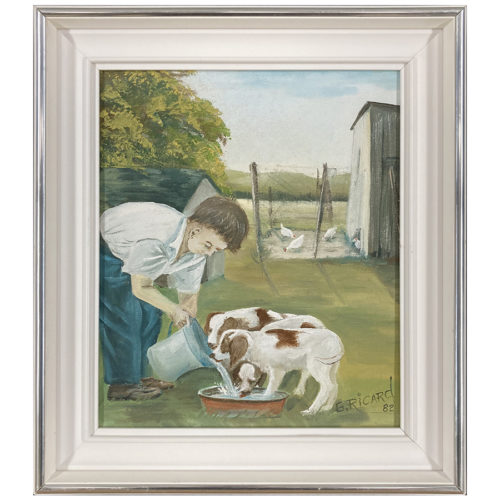 Pierrot nourrit ses chiots Gaston Ricard artiste peintre Sherbrookois paysage de campagne enfant chien poulailler poule