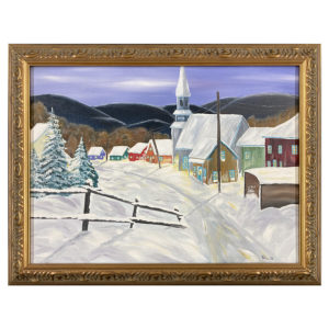 Paysage rural en hiver S. Poiz artiste peintre neige village maison eglise cloture sapin montagne