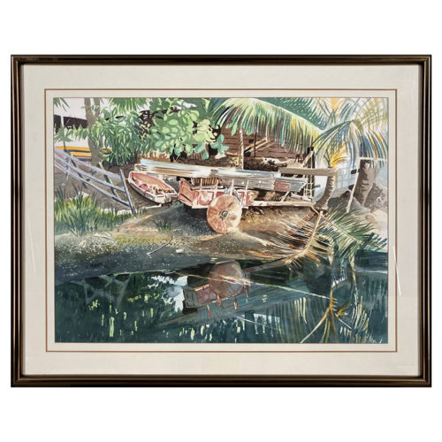 Bord de mer Haiti F. Molina artiste peintre bateau palmier charrue cloture eau