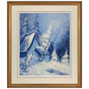 Maison isolee hiver Claude Gianolla peintre duotone bleu cabane hiver sapin gelee arbre