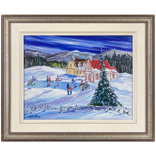 A la tombee du jour Roland Tremblay artiste peintre neige etang patinoire hockey maison arbre montagne