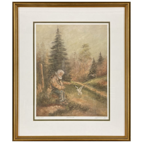 Tendresse par Louis Denis Leger artiste peintre veil homme solitaire oiseau foret prairie nourrir