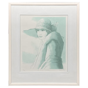 Les Champs de Neige Bernard Modeste artiste peintre portrait femme duotone vert manteau chapeau