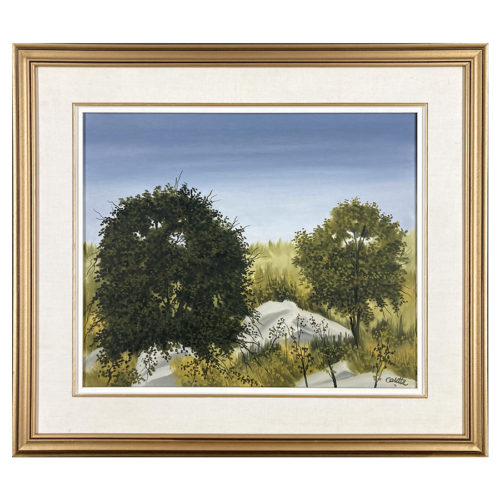 La prairie Claude Carette artiste peintre arbuste roche pierre herbe ciel bleu