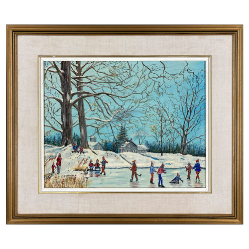 La visite du dimanche C. A. Lafreniere peintre quebecois hiver patin glace lac arbres enfants