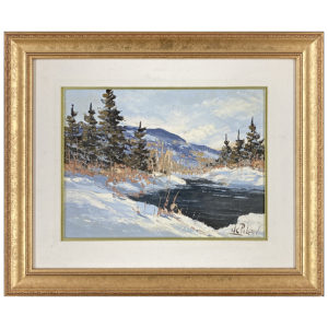 Paysage montagne hiver Jean-Claude Pilon peintre rivière arbre neige epinette nuage