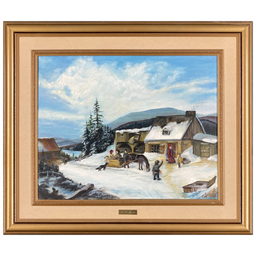 Retour passe N. F. Houde peintre scene paysage hiver maison cheval traineau montagne personnages neige