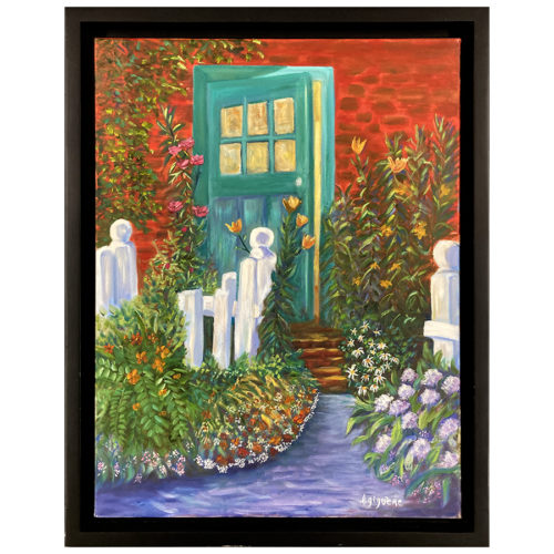 Perron L. Giguere peintre maison briques rouge cloture allee fleurs porte verte