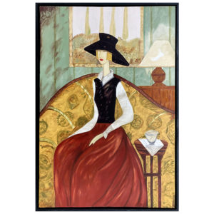 Dame salon Francine Bibeau peintre femme divan fenetre chapeau table the lampe austere