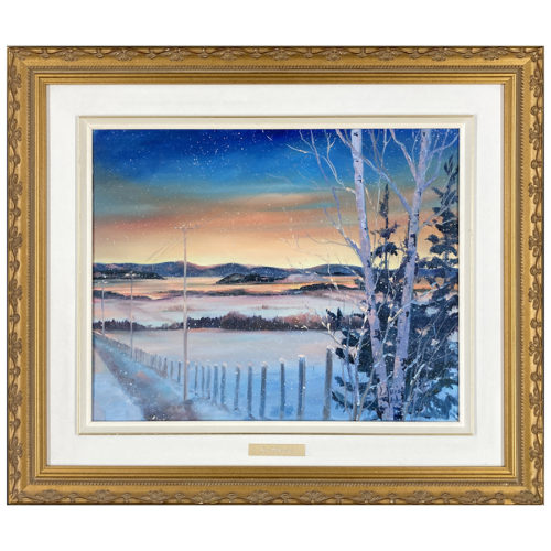 pelerins Louise Label artiste peintre paysage hiver froid neige couche soleil rue arbre cloture brunante