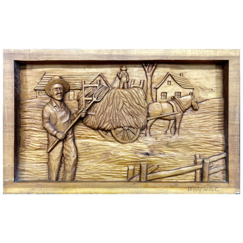 temps foins Rayvac Raymond Vachon sculpteur cheval fermier charrue cloture maison prairie