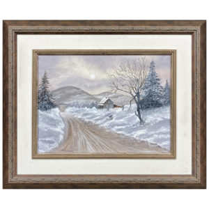 Paysage hiver Bergeron C. peintre scene route terre maison montagne sapin neige soleil
