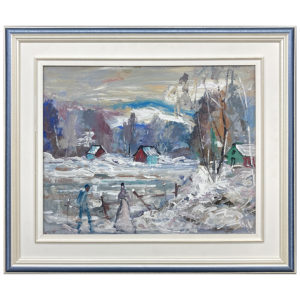 Scene hiver Claude Gianolla Picasso peintre paysage hivernal neige famille lac glace arbre maison montagne