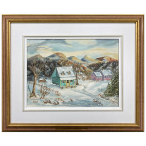 Paysage campagne M.O.D. peintre Maison hiver neige montagne arbre chemin nuage