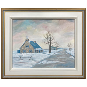 maison Pierre hiver Muriel Beliveau Goudreault peintre paysage rural route neige cloture rue batiment arbre