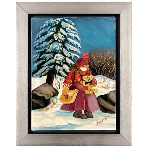 Linda Leroux artiste peintre quebecoise ecoliere et son ourson hivers forets neige sapin enfant toutou rocher