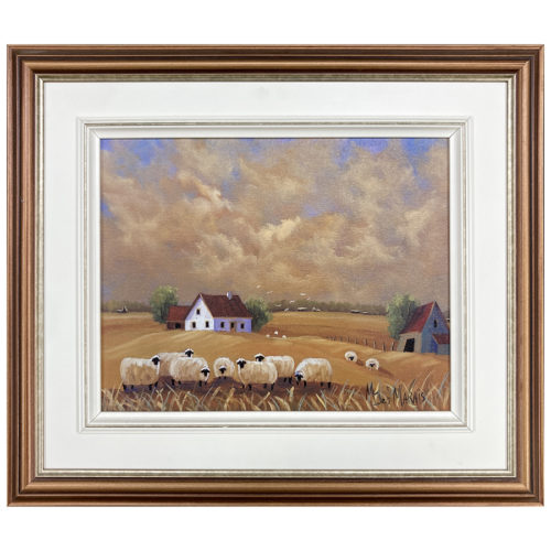 Moutons a la ferme M Desmarais artiste peintre quebecoise maison grange champs automne paysage champetre