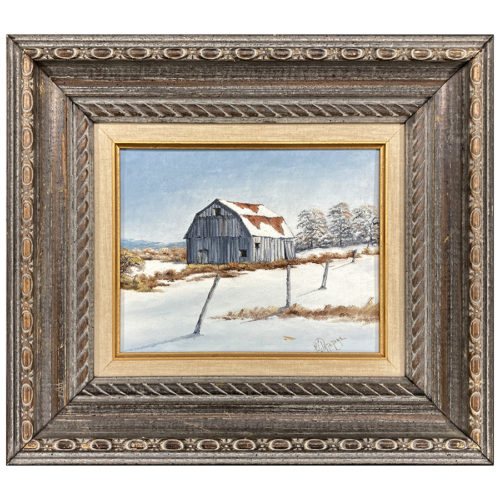 Vieille grange solitaire A. C. Patstone artiste peintre quebecois paysage hiver neige