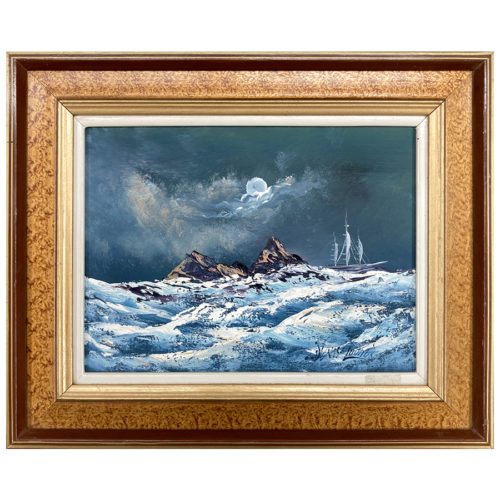 Voilier en peril Denis Cloutier artiste peintre quebecois tempete ocean rochers vagues