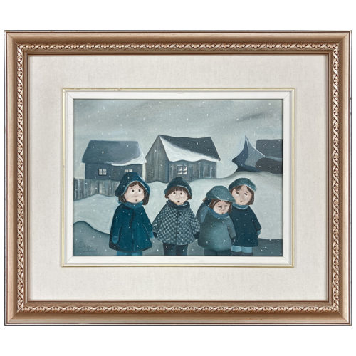 4 enfants en hiver Deguay artiste peintre québécois village maison neige