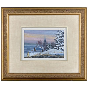 Le clocher de eglise Kapelier artiste peintre quebecois paysage riviere hiver neige sapin