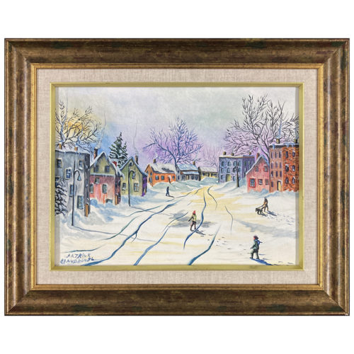 Le village en hiver Patrick Beaudoin artiste peintre quebecois maison ruelle enfant chien