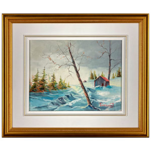 La cabane par Tousignant artiste peintre quebecois paysage hiver arbres neige