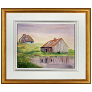 Maisons de ferme par GiGi Leblanc artiste peintre québécoise paysage campagnard bâtiments étang