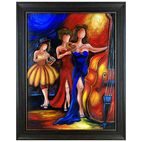 3 Musiciennes par Shedler artiste peintre saxe violon basse