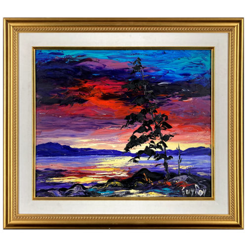 Couche de soleil par Guy Roy artiste peintre quebecois ile arbre rocher eau montagne brunante