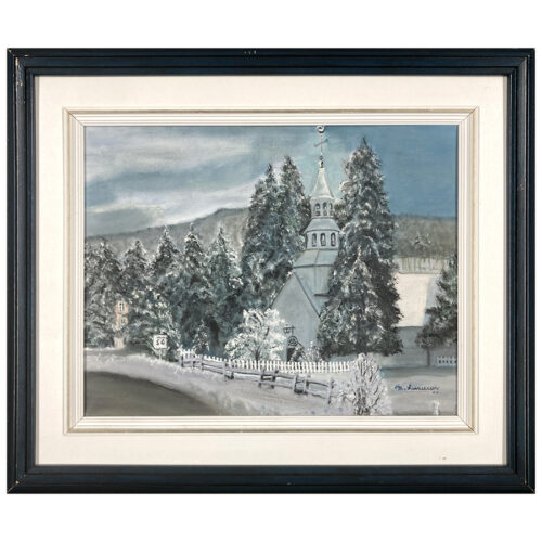 eglise rurale en hiver M. Levasseur artiste peintre campagne cloture neige sapins montagnes