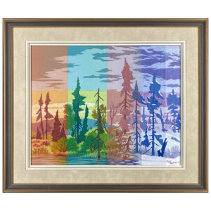 Les 4 saisons par Jean-Guy Deslauriers artiste peintre quebecois foret arbres eau neige montagnes