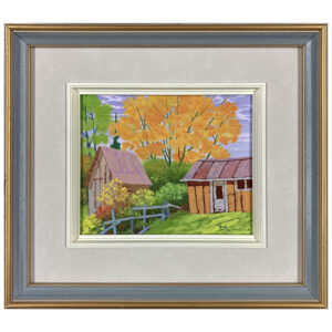 Enveloppe art Jean-Guy Deslauriers peintre quebecois foret arbres cabane automne maison cloture nuages
